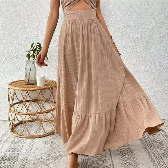 Khaki Boho Womens Striped Print Cut Out Ruffle Hem Halter Neck Dress - Picture 3 of 5